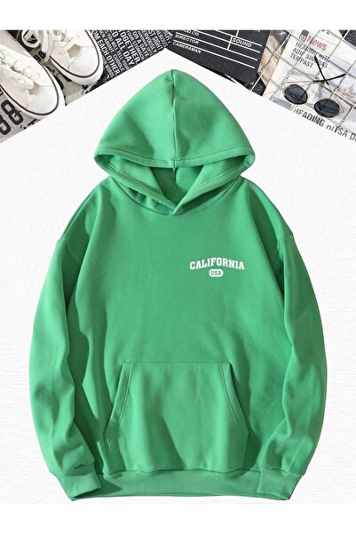 DM DOLCE MORE سترة رياضية كبيرة الحجم بقلنسوة مطبوعة بنمط كاليفورنيا باللون ا...