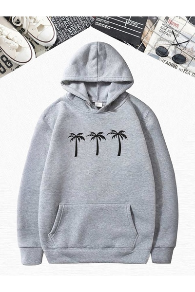 DM DOLCE MORE Hanorac oversize cu imprimeu palmier, gri din bumbac pieptănat ...