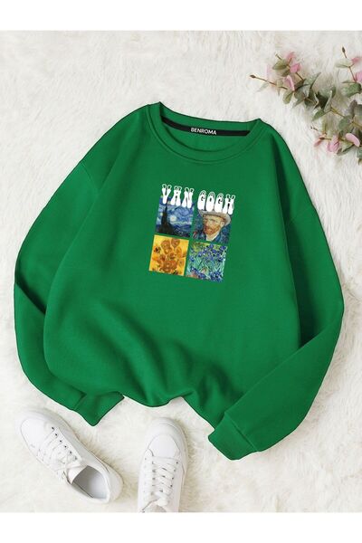 DM DOLCE MORE Hanorac oversize unisex cu decolteu rotund, imprimat VAN GOGH, ...