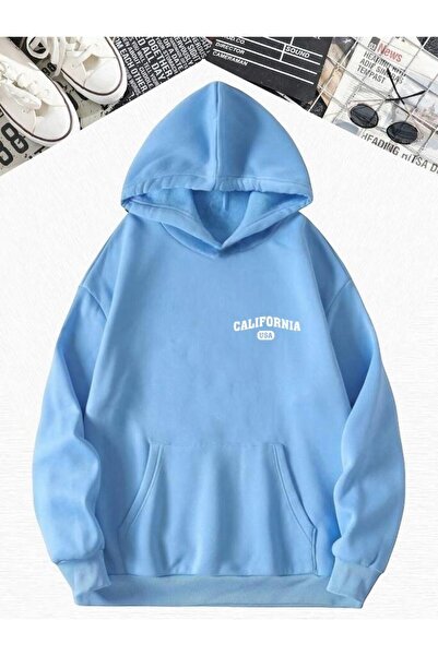 DM DOLCE MORE Φούτερ με κουκούλα με στάμπα CALIFORNIA, 3 ΚΛΕΙΔΕΣ ΒΑΜΒΑΚΙ, ΜΠΛΕ ΜΩΡΟΥ ΧΡΩΜΑΤΟΣ, OVERSIZE