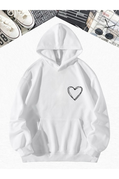 DM DOLCE MORE سترة رياضية كبيرة الحجم مطبوعة بقلوب بيضاء من القطن الممشط بثلا...