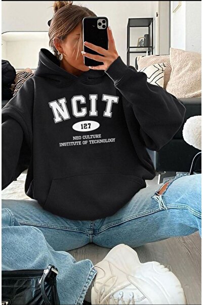 DM DOLCE MORE سويت شيرت رمادي مطبوع كبير الحجم للجنسين من القطن الممشط بثلاث ...