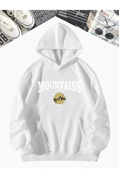 DM DOLCE MORE سترة رياضية كبيرة الحجم بقلنسوة مطبوعة بنقش الجبال باللون الأبي...