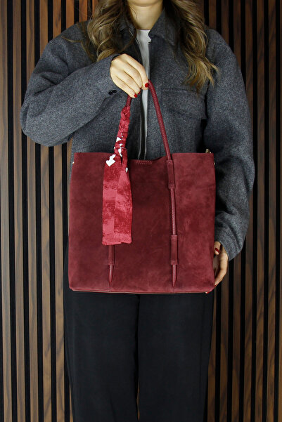 Erkan Saçmacı Burgundy Genuine Cowhide Suede Large Size Daily Shoulder Bag with Magnetic Closure, Zippered Inner Pocket and Strap