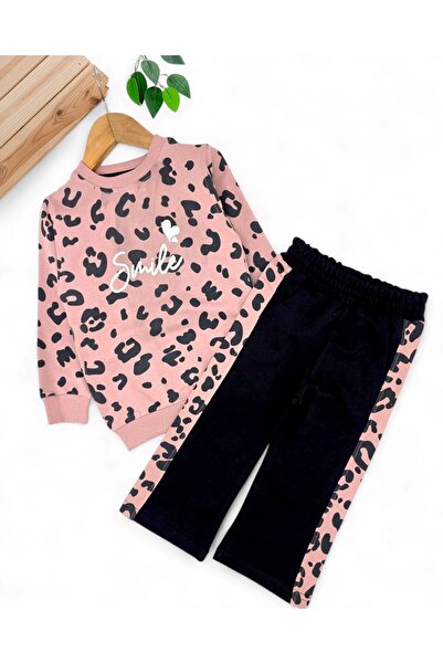 Ege Bebek Girl's Smile Printed Sweatshirt, Wide Leg Tracksuit Bottom, 2 Thread 3-10 Years Old Girl Tracksuit Set