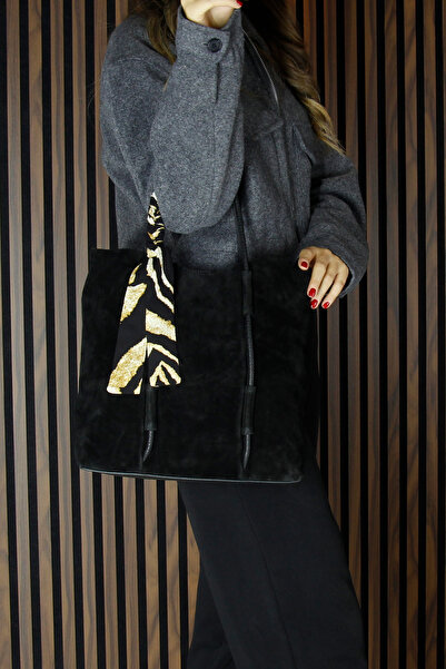 Erkan Saçmacı Black Genuine Cowhide Suede Large Size Daily Shoulder Bag with Magnetic Closure, Zippered Inner Pocket and Strap