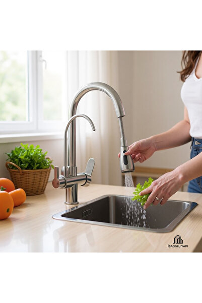 İSAOĞLU YAPI Arıtıcılı Mutfak Bataryası Arıtmalı Evye Musluğu Mat Krom Spiralli Batarya İnox Leke Tutmaz Arıtmalı
