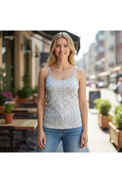 ESTA STORE Gray and White Floral Patterned Tank Top with Straps