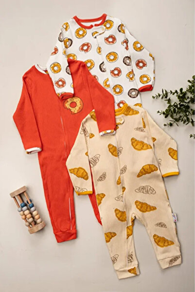 Bamoola for Babies 100% Cotton 9-12-18 Months Colorful Donut 3-Piece Jumpsuit with Cuffs Without Booties (Baby Girl Boy)