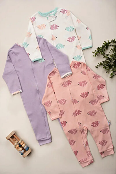 Bamoola for Babies 100% Cotton 9-12-18 Months Colorful Elephant 3-Piece Jumpsuit Without Booties with Cuffs (Baby Girl Boy)