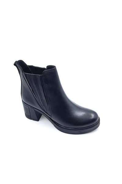 Bulldozer Genuine Leather Elastic 6 cm Thick Heeled Black Women's Boots