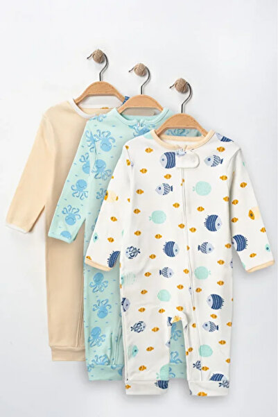 Bamoola for Babies %100 Pamuk 9-12-18 Balık Deniz 3'lü Patiksiz Manşetli Tulum (Kız Erkek Bebek Çocuk)