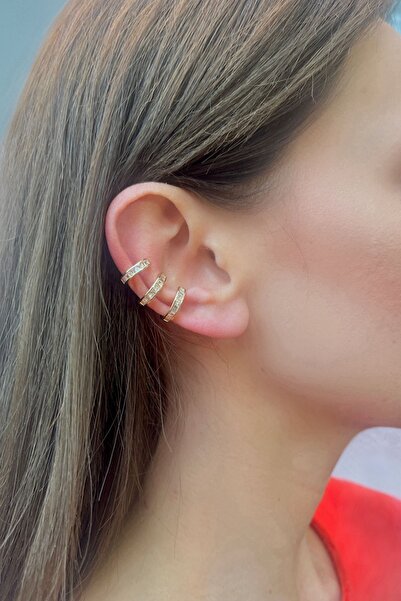 LUZ Üç Küpe Görünümlü Earcuff Kıkırdak Küpe
