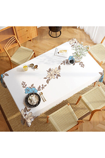 GMhome Mavi Kahverengi Çiçek Desenli Dijital Baskı Dertsiz Kumaş Masa Örtüsü