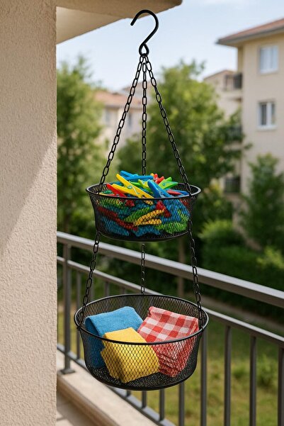 VENON Black 2-Tier Balcony Basket Clothes Basket Organizer Metal Decorative Basket with Hanging Bracket Garden