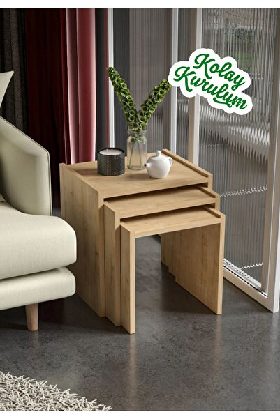 PDMPOİNT DOLAP MARKET Antik 3'lü Zigon Sehpa Kare Sehpa Takımı Modern - Safir...