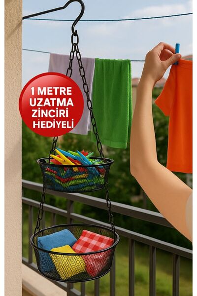 VENON Black 2-Tier Balcony Basket Clothes Basket Organizer Metal Decorative Basket with Hanging Bracket Garden