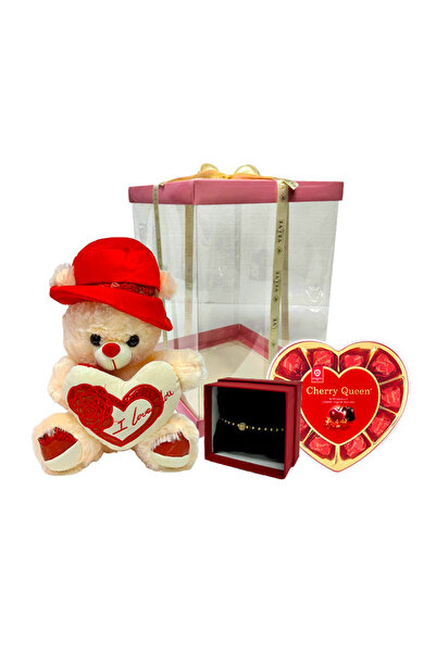 velve Pachet cadou pentru indragostiti,Sparkle,ursulet plus 25cm,bratara,praline,Crem/Rosu