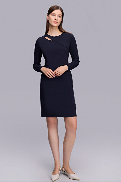 Naramaxx Yakası Pencere Detaylı Örme Lacivert Elbise