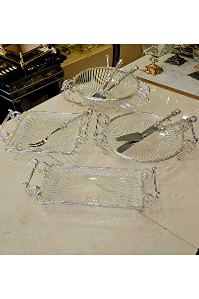 MaviDamla Cast Metal Frame Glass and Serving Presentation Set 9 Pieces Silver