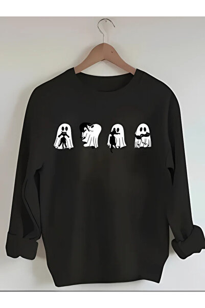 BEETON سويت شيرت شتوي سميك بطابع الهالوين - سويت شيرت أسود كبير الحجم برقبة د...