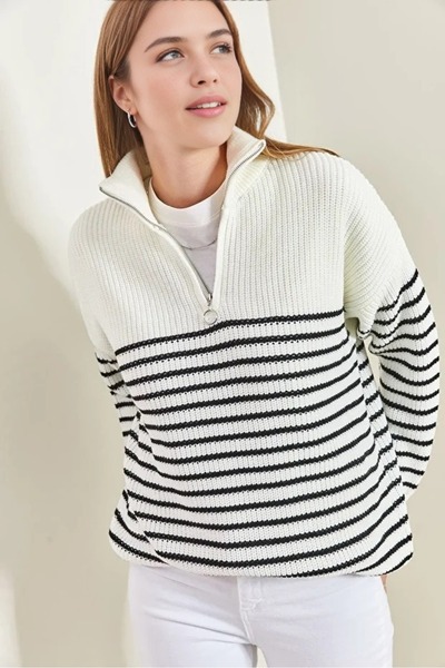 Cloudy Kids الياقة المدورة مخطط انغلق سترة تريكو المرأة