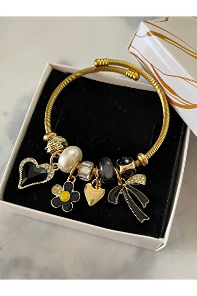 H&T acsessories Kadın Çelik Gold Charm Bileklik (Takı kutusu hediyeli)