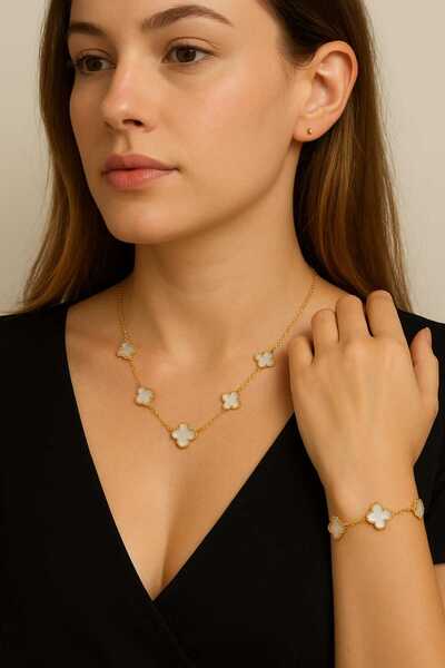 Marka Tasarim Altın Renk Beyaz  Kolye Bileklik Set (çift Yönlüdür)