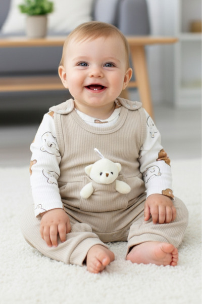 EYMİRGİYİM Ayıcıklı Raporlu Kumaş Erkek Bebek Çocuk Tulum 3 Ay, 6 Ay, 9 Ay