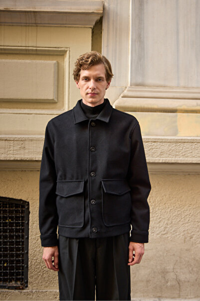 Danger Erkek Gömlek Yaka Düğmeli Kaşe Mont Ceket Siyah