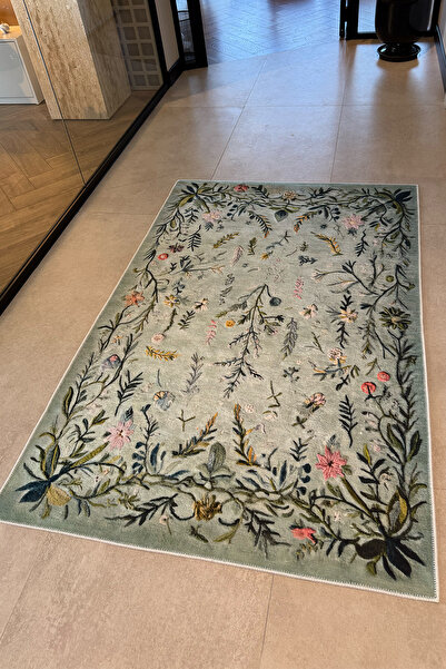 Arteluna Home Rafel 904 Yeşil Çiçekli Halı Tasarım Halı Yıkanabilir İnce Dokuma Yolluk Salon Oturma Odası Halısı