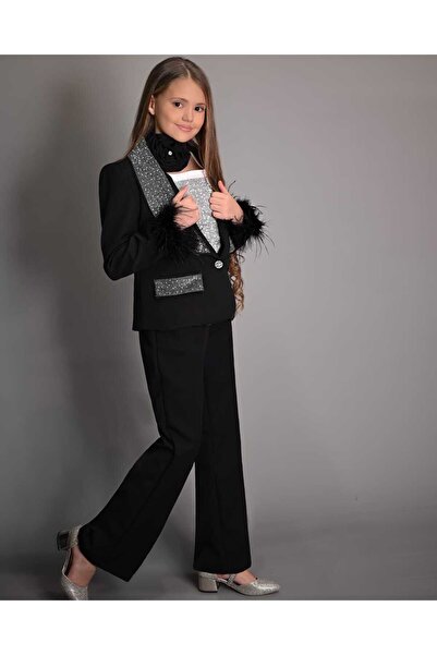 By Feyza Kids Collection By Feyza Girl's 4-Piece Set, Black, Stoned Feather Jacket, Pants, Blouse, Rose Neck, Combination