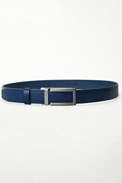 derikem Navy Blue Automatic Buckle Perforation Free 100% Genuine Buffalo Leather Classic Men's Belt