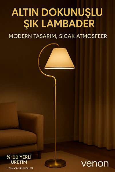 VENON Aydınlatma Lambader Gold Lena Elips Siyah Sarı Patine (gold Çember) Krem Şapka.