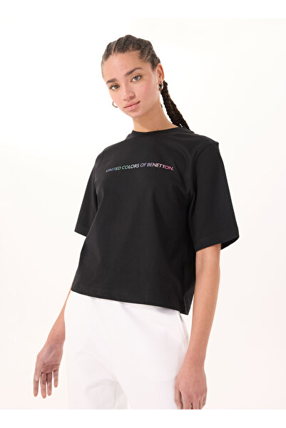 Benetton Siyah Kadın Bisiklet Yaka Relaxed T-shirt