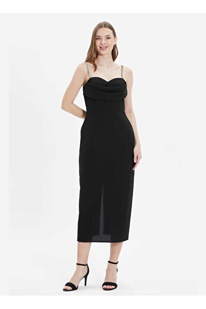 Selen V Yaka Taşlı Siyah Standart Kadın Elbise 25YSL7583