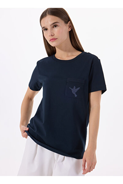 Fabrika Bisiklet Yaka Nakışlı Lacivert Kadın T-Shirt F5SL-TST0086