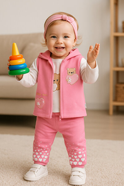 MyPrettyBaby KALPLİ AYICIK NAKIŞLI KAPÜŞONLU YELEKLİ İKİ İP MEVSİMLİK KIZ BEB...
