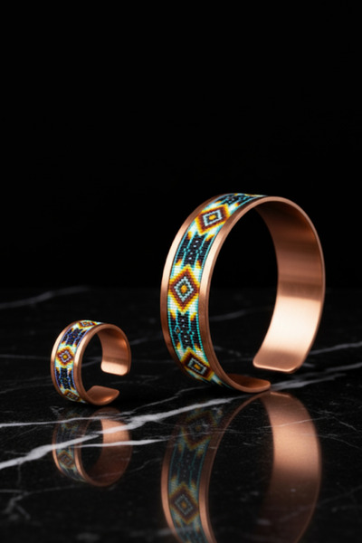OSMANLI GÜMÜŞ Women's Copper Bracelet Ring Set - Polka Model Special Edition Metal Box and Quartz Stone