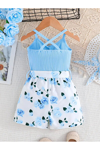 miço kids Blue Floral Patterned Bow Girl's Jumpsuit
