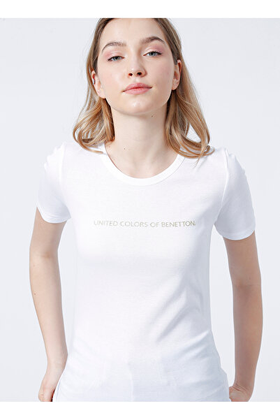 Benetton تي شيرت أبيض للنساء ذو ياقة دائرية وقصة عادية - 3GA2E16A2