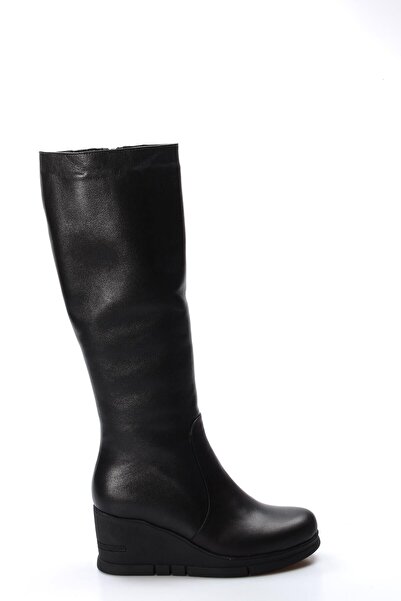 TUGERDİ Genuine Leather Black Fur Zippered Wedge Heeled Women's Boots Tg09064...