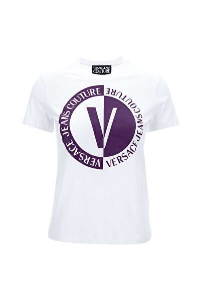 VERSACE JEANS COUTURE Bisiklet Yaka Baskılı Beyaz Kadın T-Shirt 75HAHG06