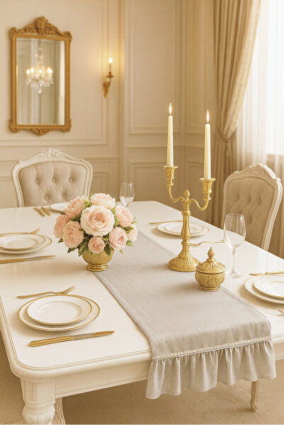 emira tasarım Parlak Taş Detaylı fırfırlı Gri Keten Runner – 40x150 cm