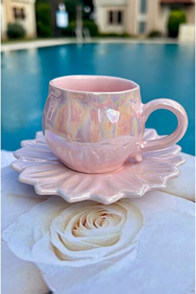 MAMALİZA 6-Piece Tulip Patterned Pearlescent Ceramic Coffee Cup Set, Bright Pink Flower– 90 Ml, Pink