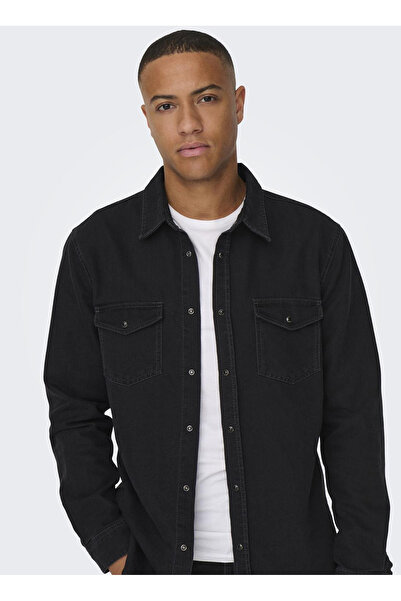 Only & Sons Normal Gri - Siyah Erkek Denim Gömlek ONSBANE 3247 DNM SHIRT NOOS