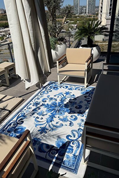 Genel Markalar Azule 700 Mavi Beyaz Bleu Blanc Tasarım Halı Yıkanabilir İnce Dokuma Salon Ev Oturma Odası Halısı