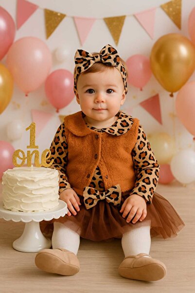 Renata's kız bebek leopar desenli tütü etekli yelekli çoraplı ve bandanalı 5 ...
