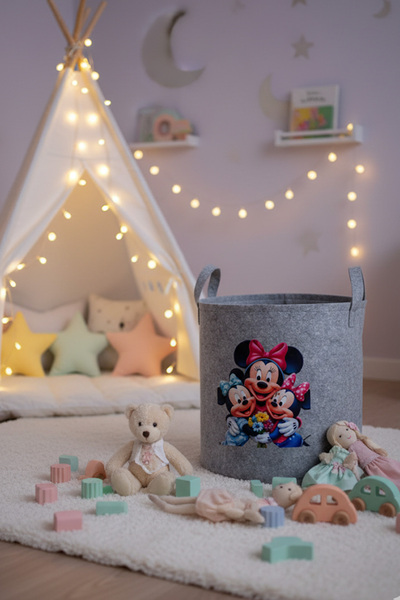 YUNUSOĞLU HOME Felt Toy Basket - Cartoon Patterned, Foldable with Handles, Kids Room Organizer 38X39