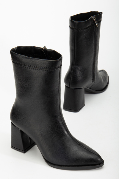 AYAKKABI MEET Μαύρες δερμάτινες μπότες με μυτερή μύτη με ραμμένη μέση καθημερινές μπότες με τακούνι